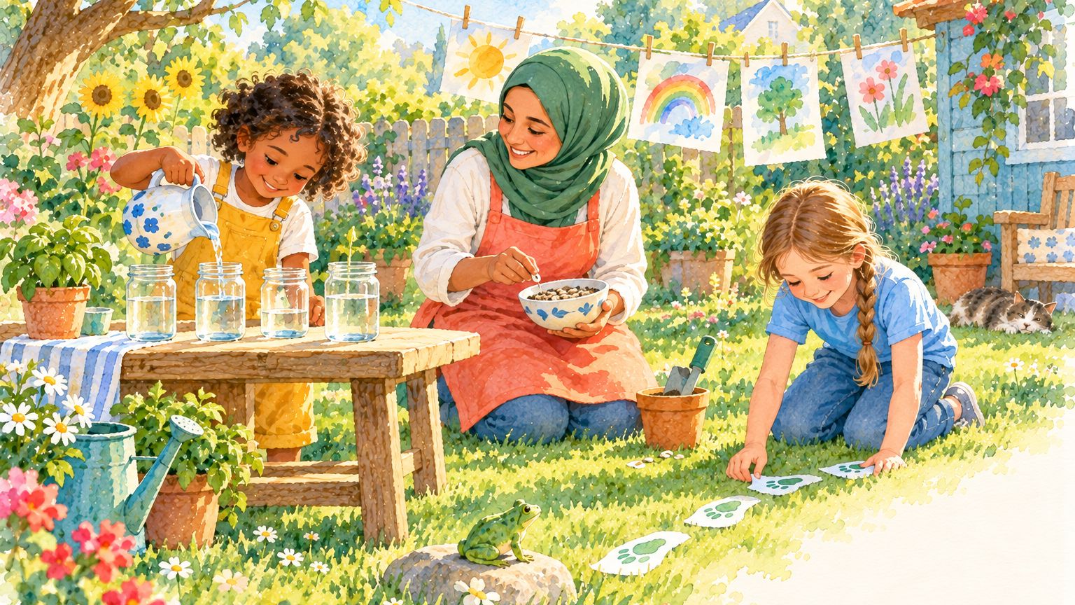 A garden morning of activities: a child pours water into a row of jars, another lays paper footprints across the grass, and a parent kneels with a bowl of bean seeds.