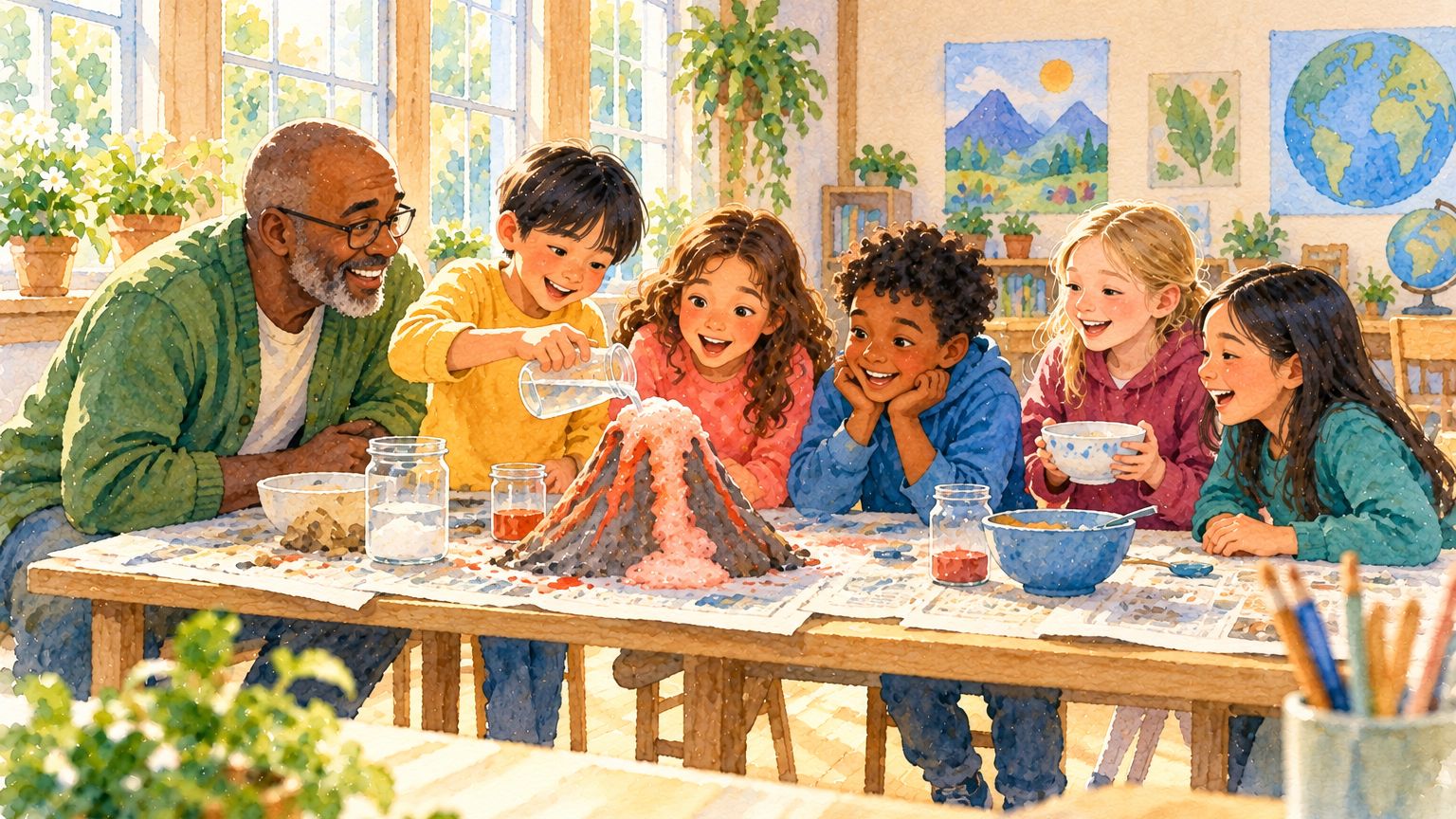Five children and their teacher crouched at a table in a bright hall, leaning in to watch a model volcano foam over.