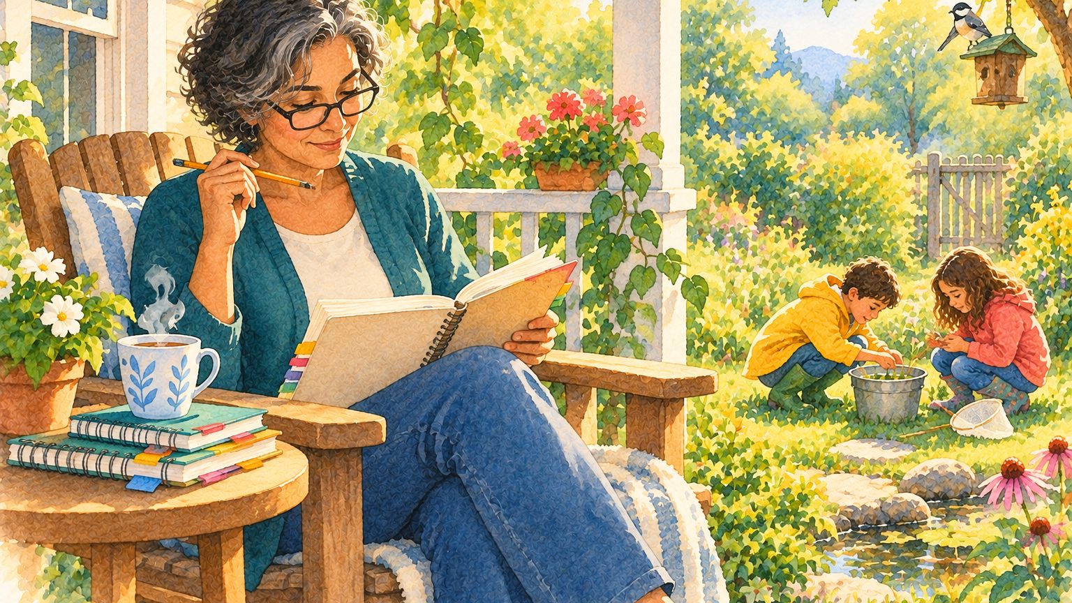 أحد الوالدين يقرأ دفتر أفكار، وبجانبه قلم وكوب شاي، في شرفة مشمسة، وطفلان يجثوان فوق دلو من ماء البركة في الحديقة.