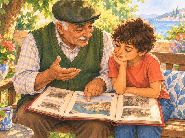 A grandfather in a flat cap tells a story from an old photo album on a garden bench, his grandson leaning in.