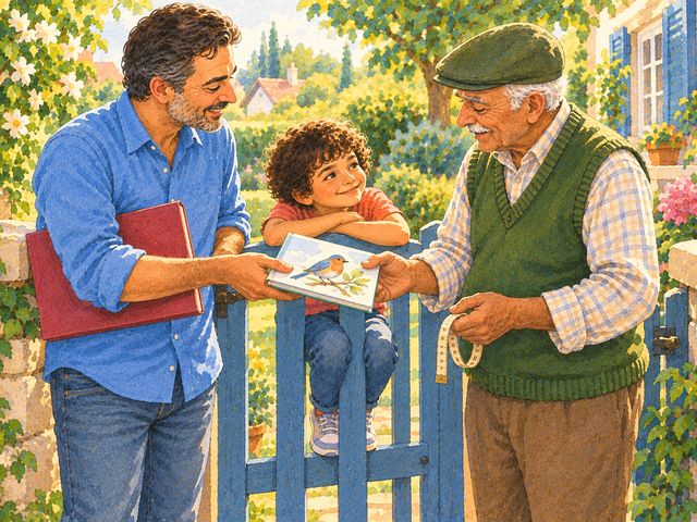 At the garden gate a father hands the grandfather one picture book, keeping a folder under his arm.