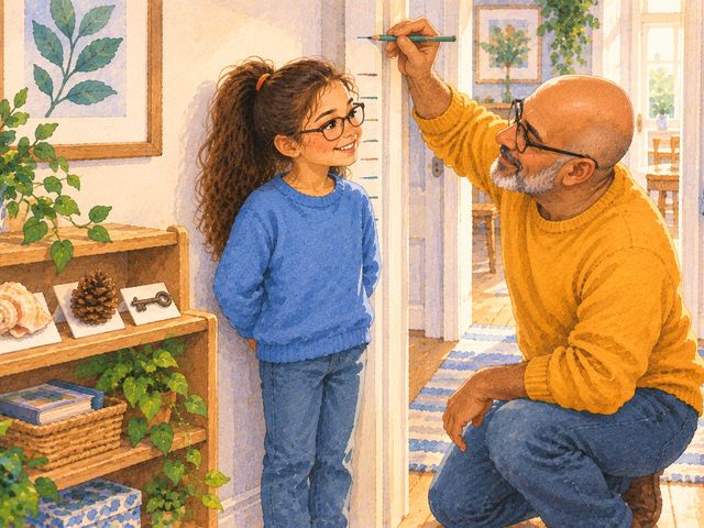 A father marks his daughter's height on a door frame beside a small shelf museum of a shell, a pine cone and a key.