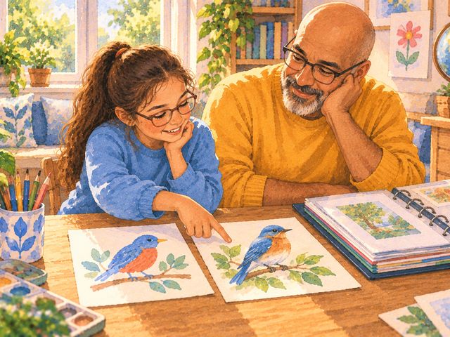 A girl points from an early, simple bird painting to a recent, careful one while her father smiles.