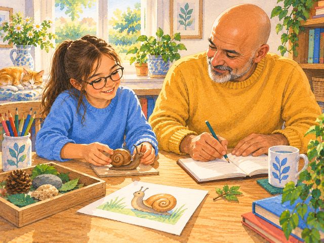 A father writes a short list in a notebook while his daughter sets out a clay snail beside her snail painting.