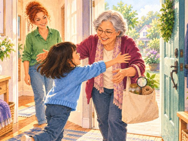 A grandmother arrives at the front door with a bag of science things and the girl runs to hug her.