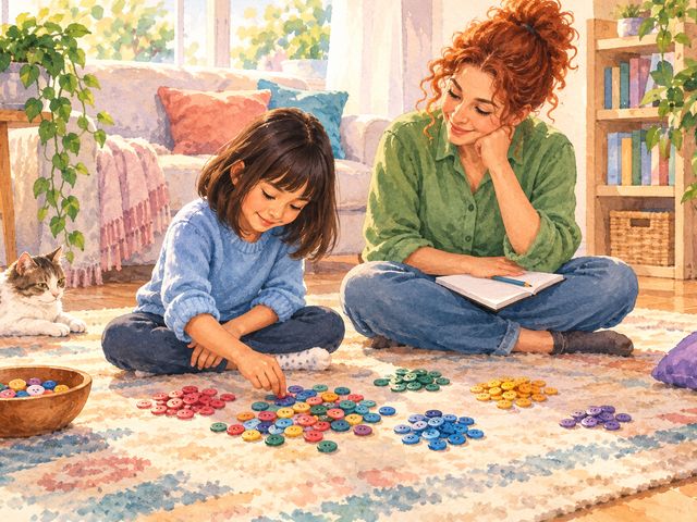 A parent sits on the rug with a notebook, quietly watching her daughter sort buttons by colour.