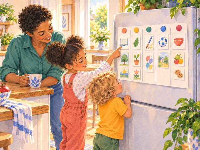 Two children point at a paper week of picture cards on the fridge while their parent watches with a cup of coffee.