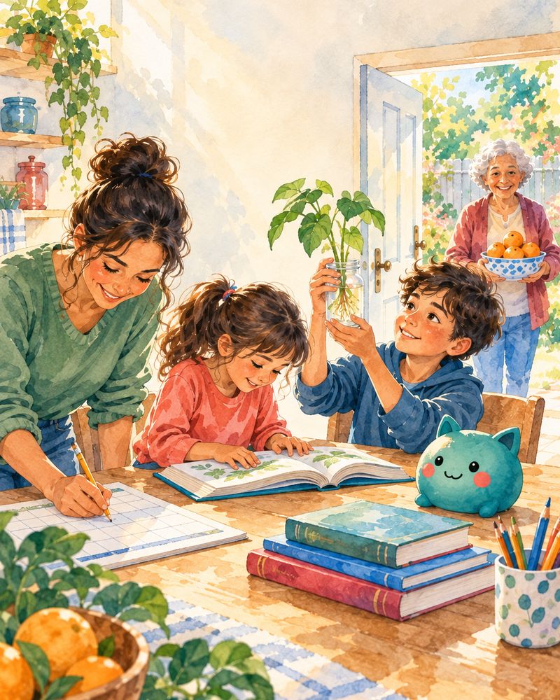 A family's kitchen-table morning: a parent writes the week's plan while one child reads and another holds up a bean plant, and a grandparent arrives with oranges.