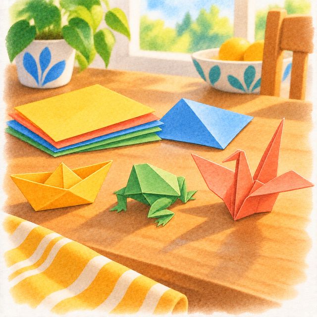 Origami: a boat, a frog, a crane